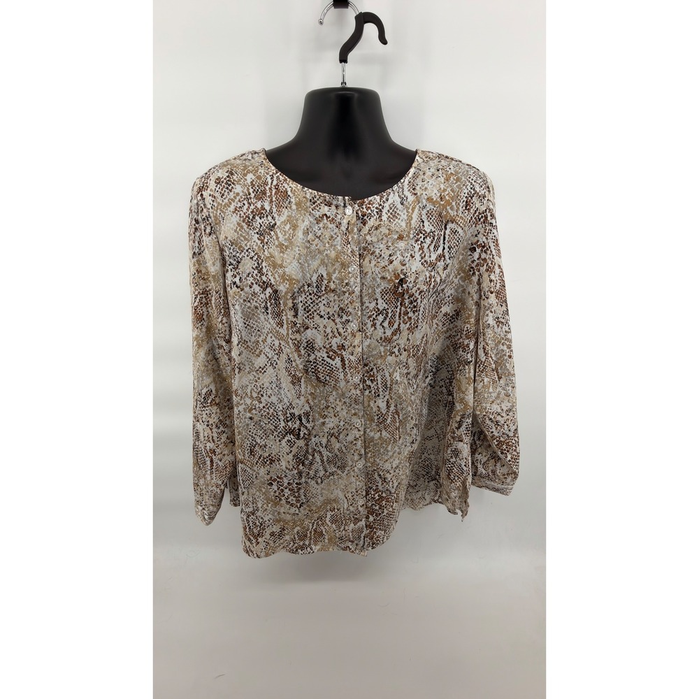 Chico's Python Snakeskin Button Up Blouse Tunic Collarless Brown Tan Size 3 XL